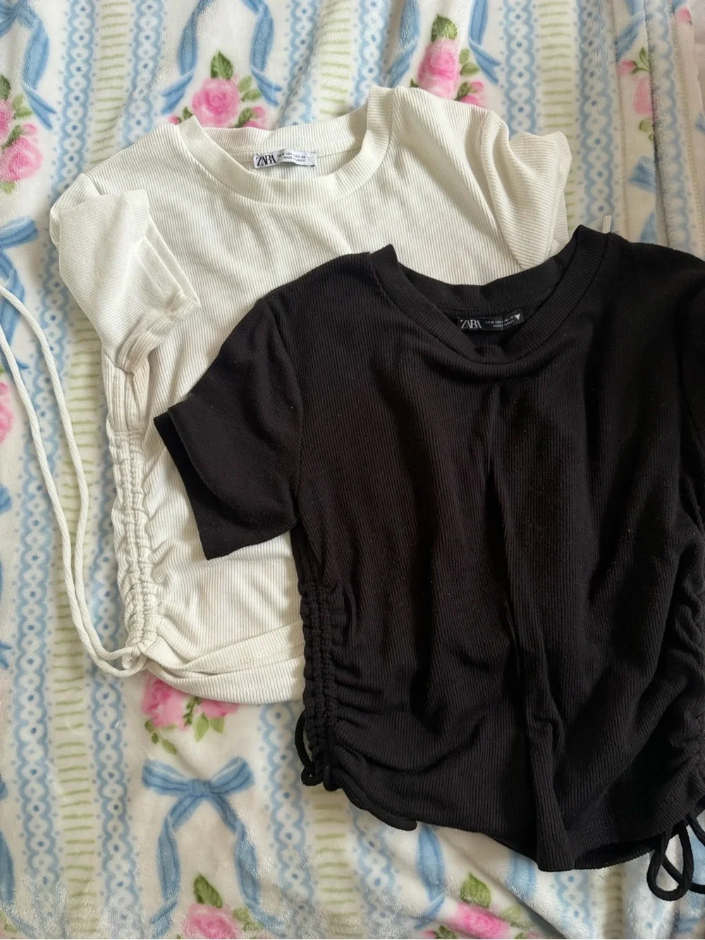 Zara Ribbed Side-Drawstring Tee Duo - Cream & Black - Picture 2 of 3